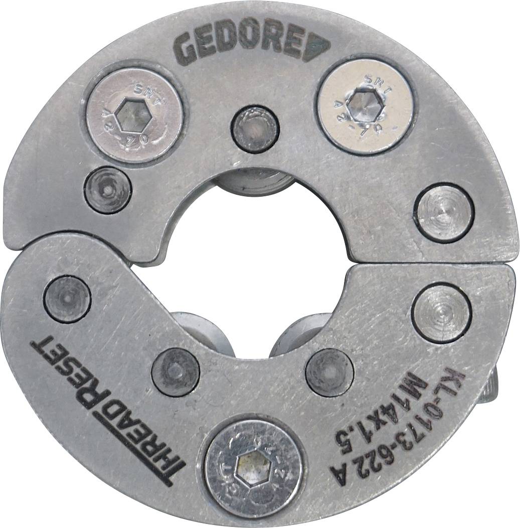 Mit 'GEDORE' gekennzeichnetes kreisförmiges Metalwerkzeug mit Schrauben, beschriftet mit 'THREAD RESET' und Teilenummer, verwendet zum Zurücksetzen von Gewinden auf Größe M14x1.5.