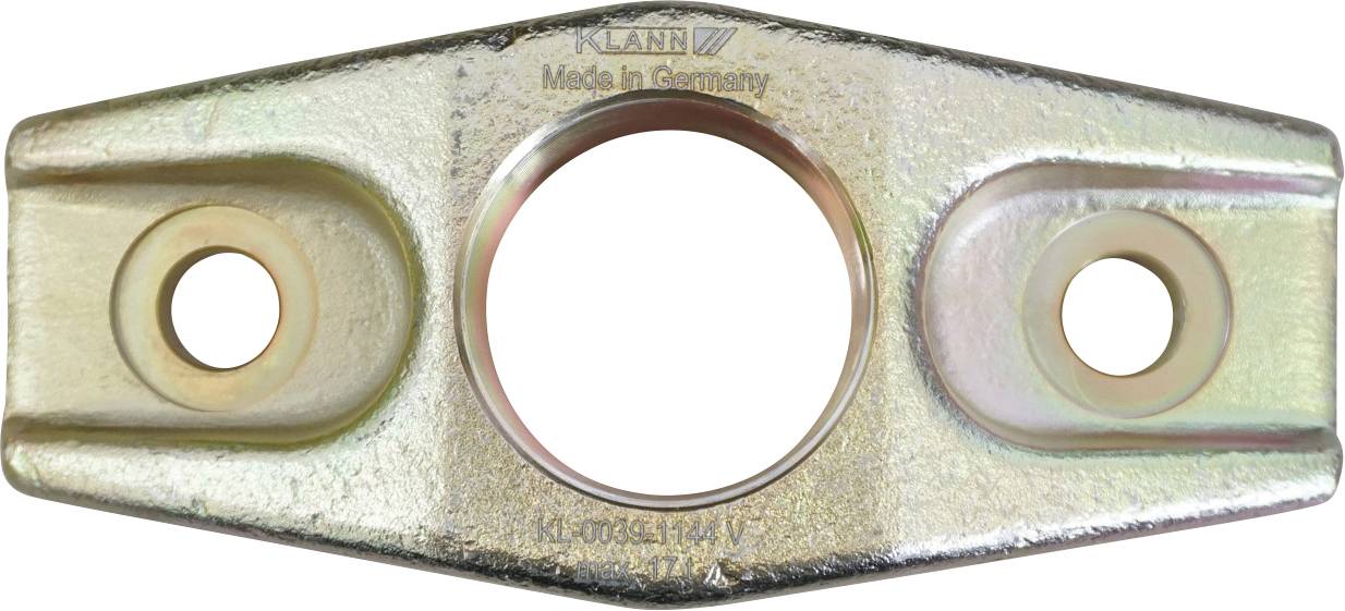 Eine Metallklammer mit drei Löchern, mit der Aufschrift 