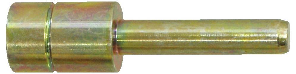 Ein zylindrischer Messingsstab mit einem breiteren Endsegment, poliert und lichtreflektierend, horizontal vor einem weißen Hintergrund platziert.