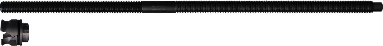 Eine lange, schwarze Gewindestange mit einem kreisförmigen, mehrfach gerillten Bauteil auf der linken Seite, was auf ein mechanisches Teil hindeutet, möglicherweise für die Montage.