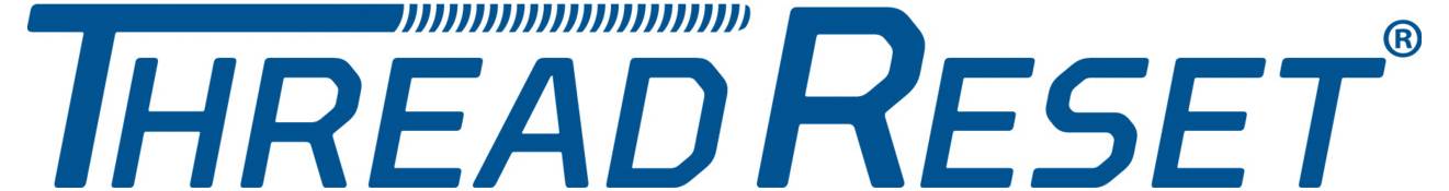 'ThreadReset' Logo in blauen Buchstaben mit einem Fadenmuster über dem 'T'.