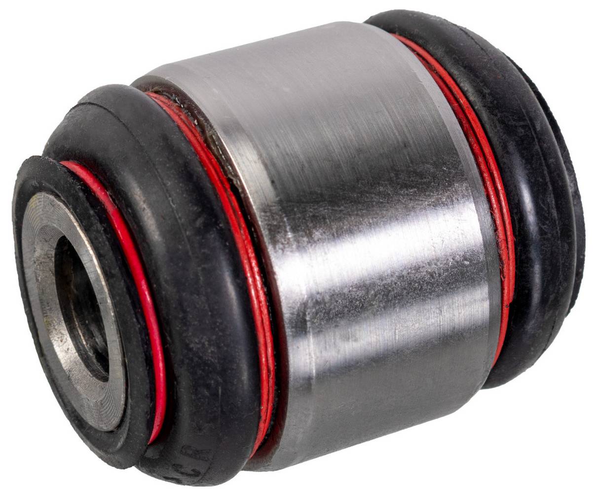 Ein zylindrisches Metallkugellager mit schwarzen Gummiabdichtungen und roten Akzenten an jedem Ende, entwickelt zur Reibungsreduzierung in mechanischen Systemen.