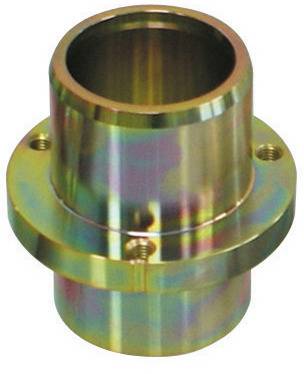 Eine metallische zylindrische Flansche mit breiter Basis und drei Schraubenlöchern, mit einer reflektierenden, mehrfarbigen Oberflächenbeschichtung.