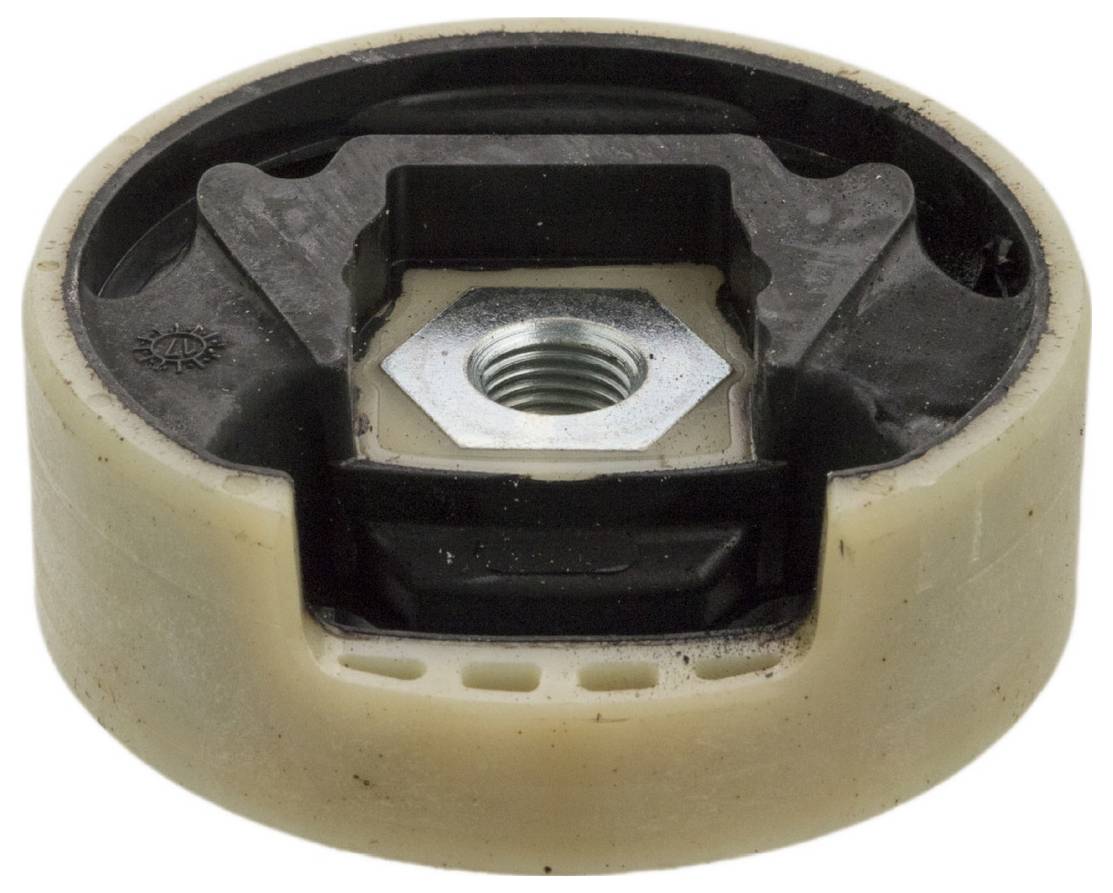 Ein rundes Lauf- oder Möbelrad in Beige und Schwarz mit einer Metallgewindemuffe in der Mitte, konstruiert für Möbel oder Geräte.