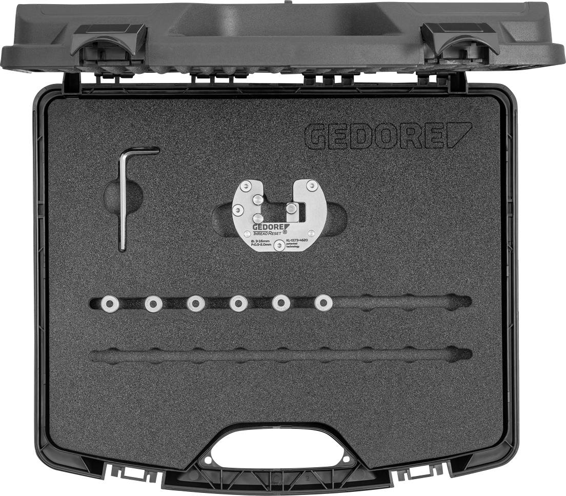 'GEDORE' Werkzeugkasten offen, zeigt einen spezialisierten Schraubenschlüsselsatz mit einem Innensechskantschlüssel und mehreren Schraubenschlüsselköpfen, die ordentlich in Schaumstoff-Aussparungen platziert sind.