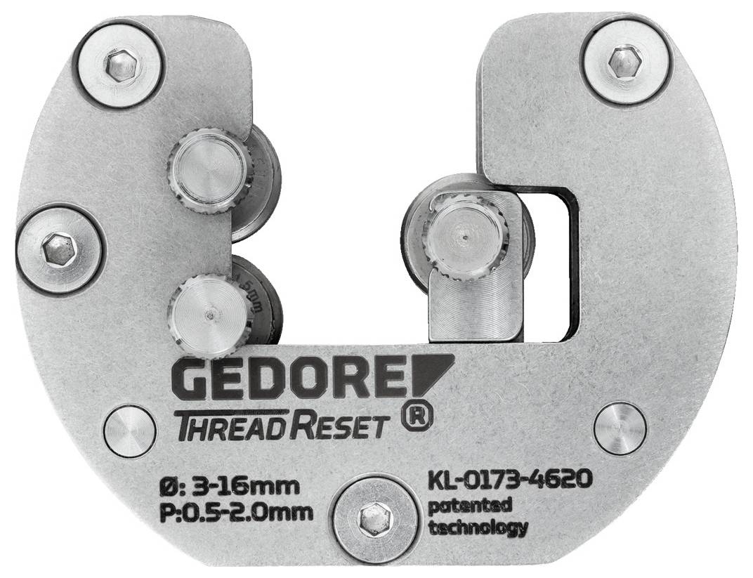 'GEDORE Thread Reset' Werkzeug zum Reparieren von Außengewinden, kompatibel mit Durchmessern 3-16 mm und Steigungen 0,5-2,0 mm, Stahlkonstruktion.