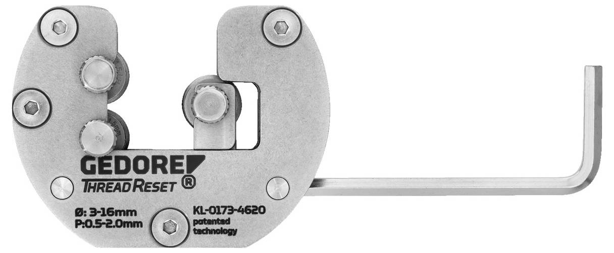 Das Bild zeigt ein GEDORE ThreadReset-Werkzeug, das zur Reparatur beschädigter Gewinde auf Schrauben verwendet wird und Patentdetails sowie Größenspezifikationen aufweist.