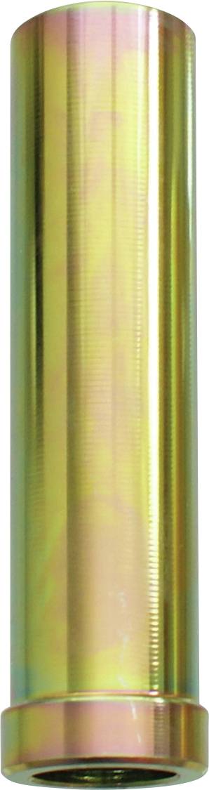 Ein zylindrischer Metallstab mit einer reflektierenden Gold- und Rosa-Oberfläche steht vertikal vor einem einfachen Hintergrund.