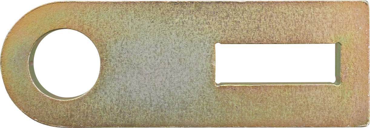 Eine rostige Metallwinkelhalterung aus Rechteck mit einem kreisförmigen Loch an einem Ende und einer rechteckigen Aussparung auf der gegenüberliegenden Seite.