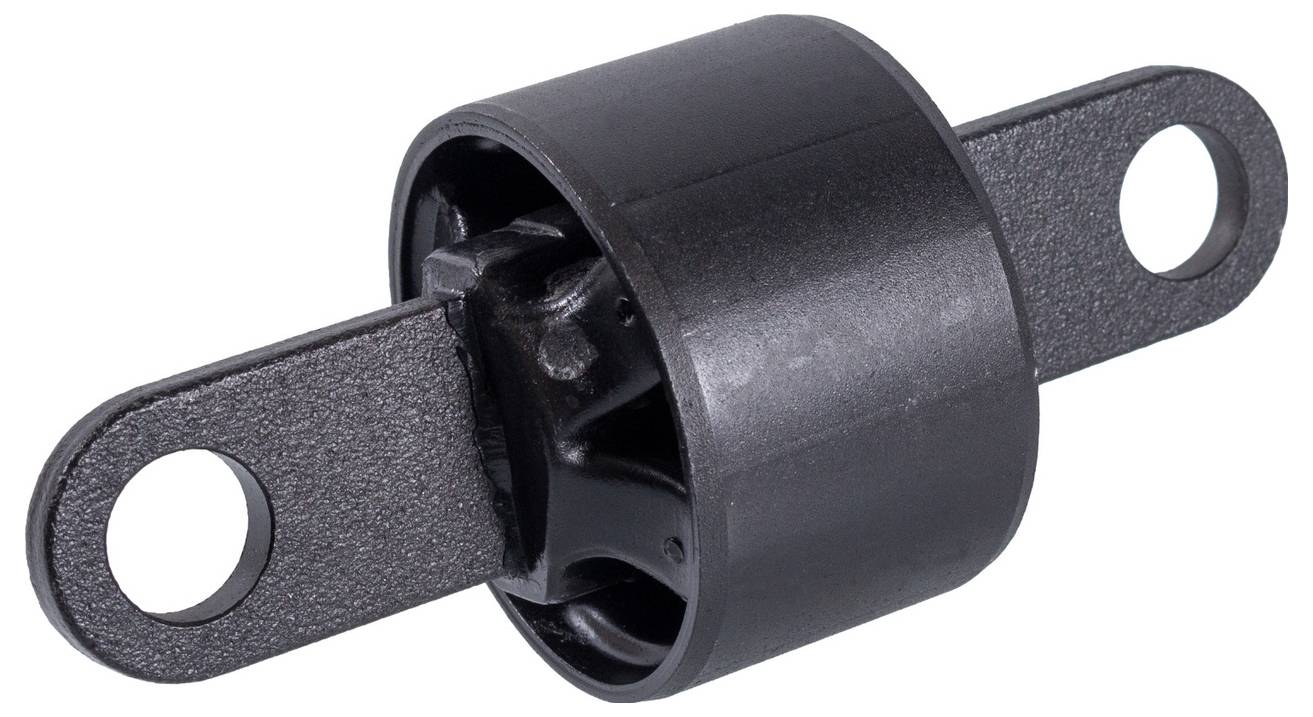 Ein schwarzer, zylindrischer Metallverbindungsstecker mit zwei flachen Armen, die von gegenüberliegenden Seiten abstehen, wobei jeder Arm ein kreisförmiges Loch aufweist.