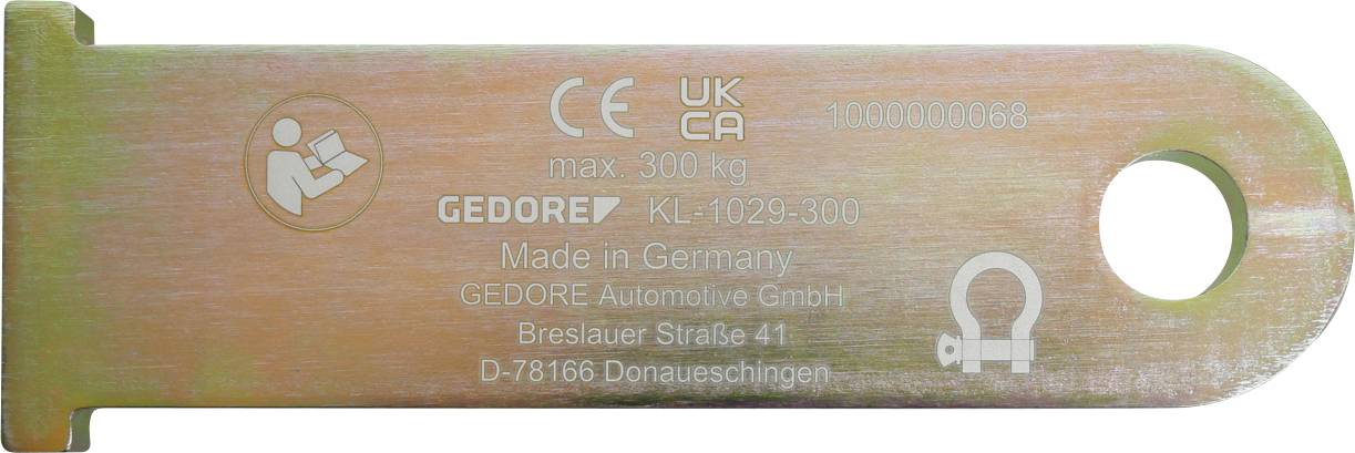 Metallisches Hebezubehör mit Marke 'GEDORE' und Spezifikationen: 'max 380 kg, KL-1029.300, Made in Germany'. Enthält Sicherheitssymbole.