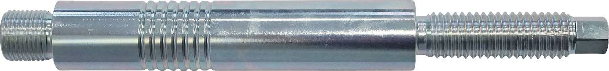 Eine Metallgewindewelle mit mehreren Nuten, unterschiedlichen Durchmessern und einem sechskantigen Ende, die häufig in mechanischen Baugruppen verwendet wird.