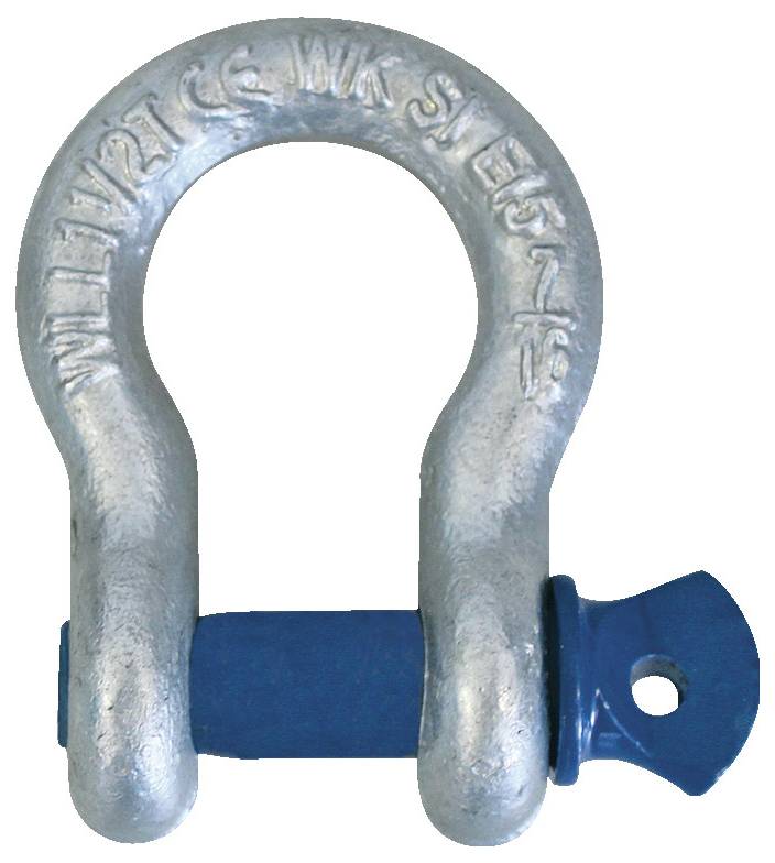 Ein Stahlbügelverschluss mit einer blauen Schäkel, auf dem eingravierte Texte die Spezifikationen anzeigen.