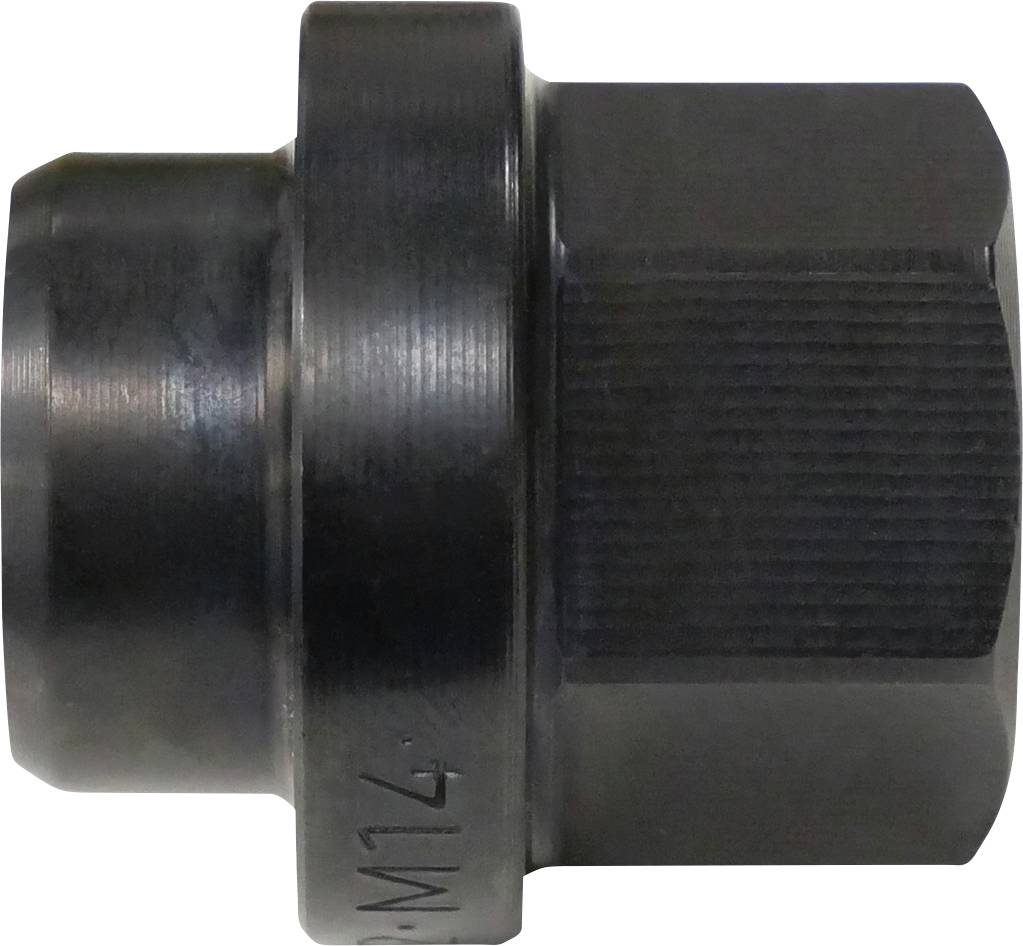 Eine Metallmutter mit sechseckiger Form, auf der Seite mit „M14