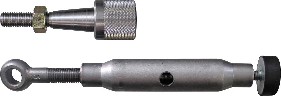 Eine Metallspannschraube mit Augenschraube und Gewindestange, über der sich eine gerillte Mutter befindet, die für Spannungsanwendungen verwendet wird.