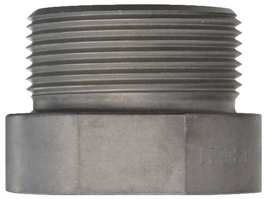 Ein Nahaufnahmebild eines zylindrischen Gewindeadapters aus Metall mit sechseckiger Grundfläche, das detaillierte Rillen und glatte Oberflächenstruktur zeigt.