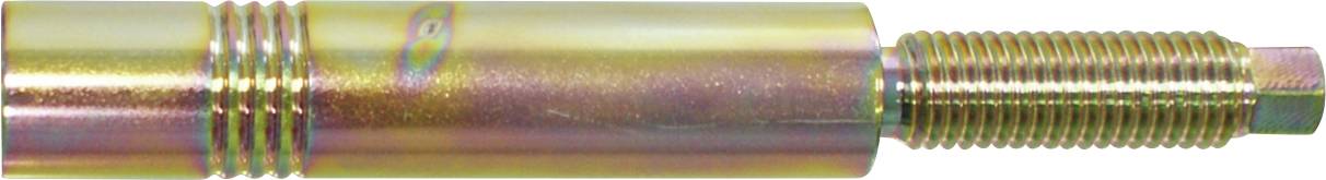 Eine Nahaufnahme einer metallischen Gewindestange mit einer glänzenden, schillernden Oberfläche, mit parallelen Nuten auf der linken Seite und einem sechseckigen Ende auf der rechten Seite.