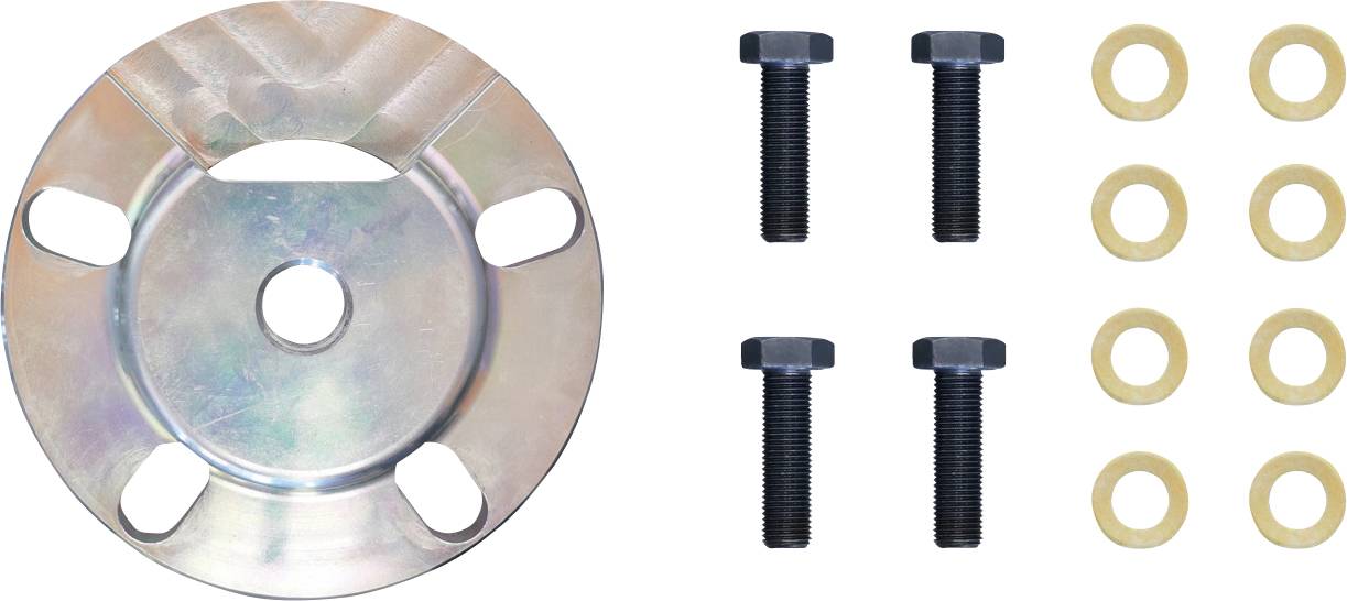 Metallscheibe mit vier Schlitzen, vier schwarzen Bolzen und acht Unterlegscheiben auf weißem Hintergrund angeordnet.