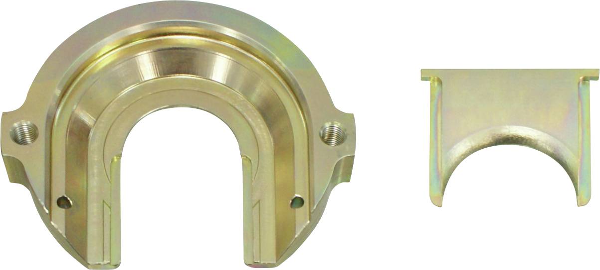 Zwei Metalllagerschalen: eine große, U-förmige Schale auf der linken Seite mit zwei Bolzenlöchern und eine kleinere C-förmige Schale auf der rechten Seite.