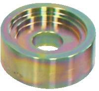 Eine metallische kreisförmige Komponente mit einem zentralen Loch, die konzentrische Rillen aufweist und eine reflektive, mehrfarbige Oberfläche zeigt.