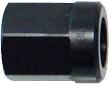 Ein Nahaufnahmebild einer sechskantigen Schraubenmutter, die typischerweise in mechanischen Baugruppen verwendet wird. Die Oberfläche wirkt metallisch und hat eine dunkle Oberflächenbehandlung.