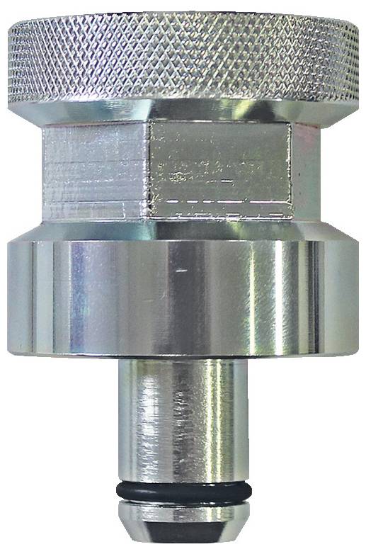 Ein metallischer Adapter oder Verbindungsstück mit strukturierter Griffoberfläche und zylindrischem Design, ausgestattet mit einem Dichtungsring an der Basis zum Verbinden von Schläuchen oder Rohren.