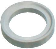 Eine einfache, kreisförmige metallische Unterlegscheibe mit einer glatten, flachen Oberfläche und einem großen zentralen Loch.