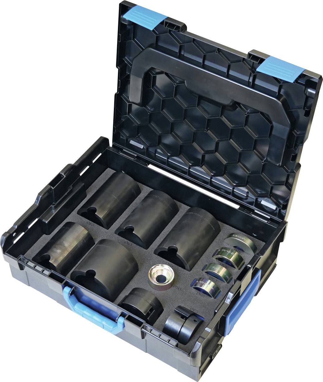 Ein schwarzes und blaues Lagerkästchen, das offen ist und kreisförmige Metallwerkzeuge in verschiedenen Größen zeigt, die in Schaumstoffaussparungen organisiert sind.