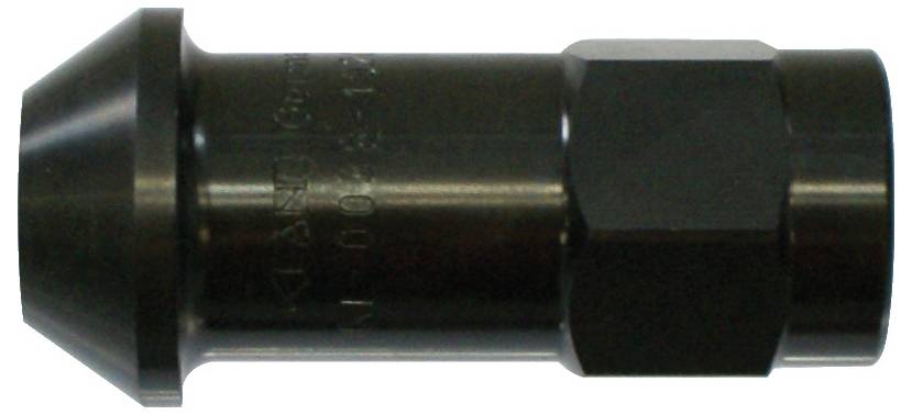 Eine Nahaufnahme einer schwarzen Metallkomponente mit sechseckiger Form und verjüngtem Ende, möglicherweise ein Maschinenteil oder Stecker, dargestellt auf einem einfachen Hintergrund.