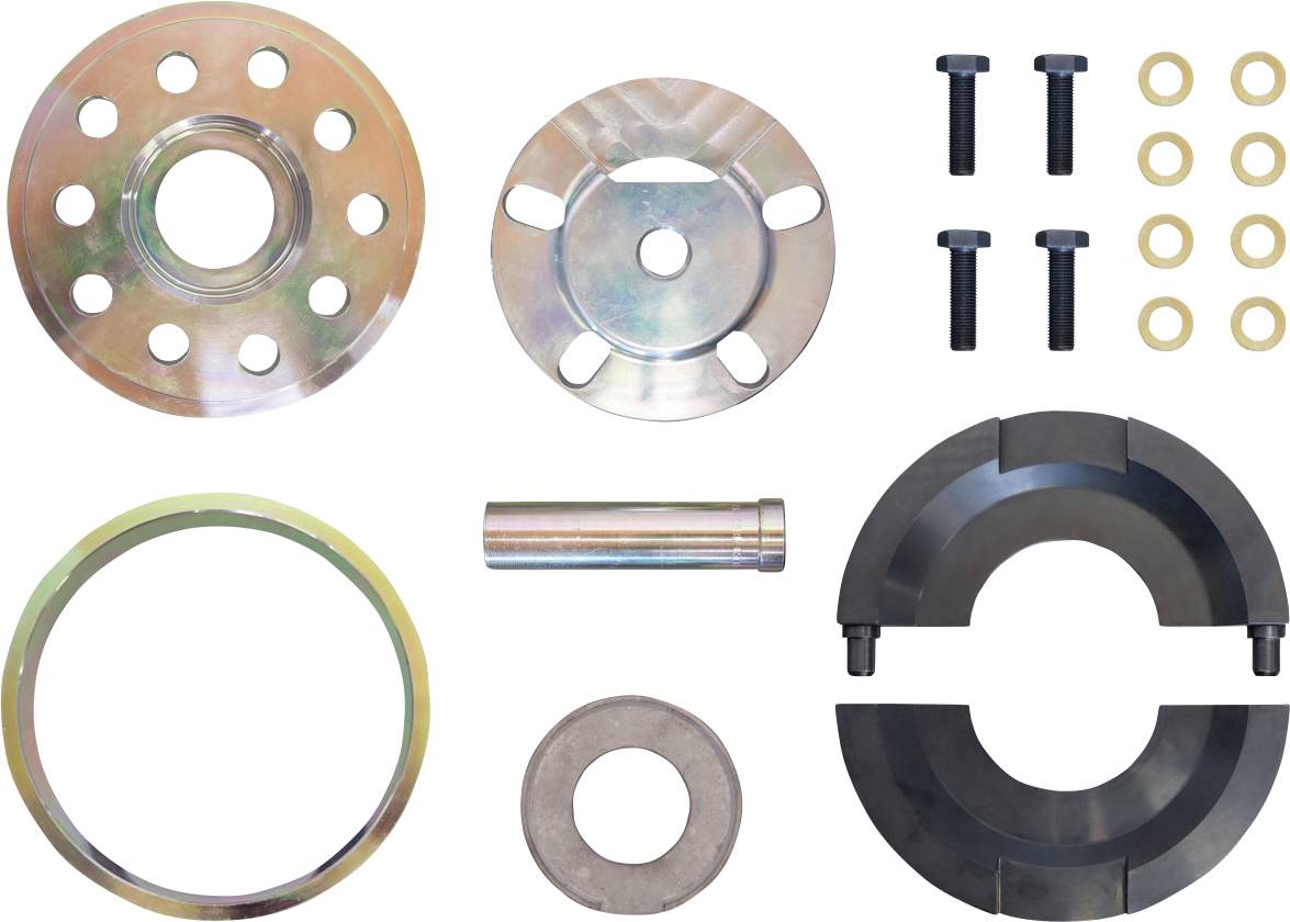 Ein Satz mechanischer Komponenten, bestehend aus Scheiben, Bolzen, Unterlegscheiben und einem Sprengring, auf einer ebenen Fläche angeordnet, konzipiert für die industrielle Montage.