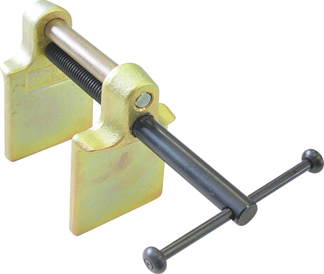 Eine Metallschraubzwinge mit zwei flachen, rechteckigen Backen zum Greifen, einem Gewinde-Schraubmechanismus und einem schwarzen T-Griff zum Anziehen.