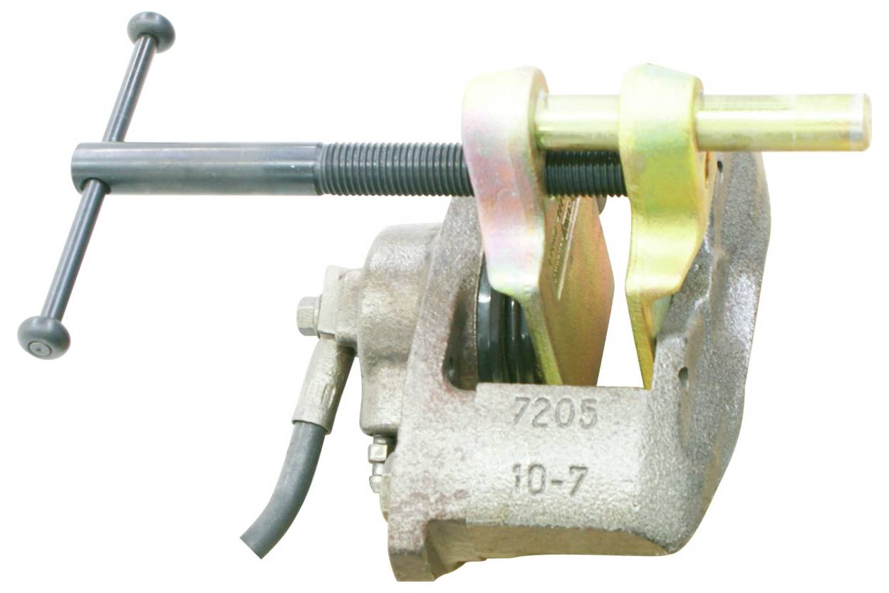 Ein Metallbremssattel-Werkzeug mit Schraubenmechanismus und Griff, entwickelt zum Zusammendrücken von Bremskolben während der Wartung von Fahrzeugbremsen.