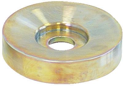 Eine Metallscheibe mit zentralem Loch, die eine glänzende Oberfläche mit reflektierendem, bronzeähnlichem Finish zeigt, aus leicht geneigter Perspektive betrachtet.