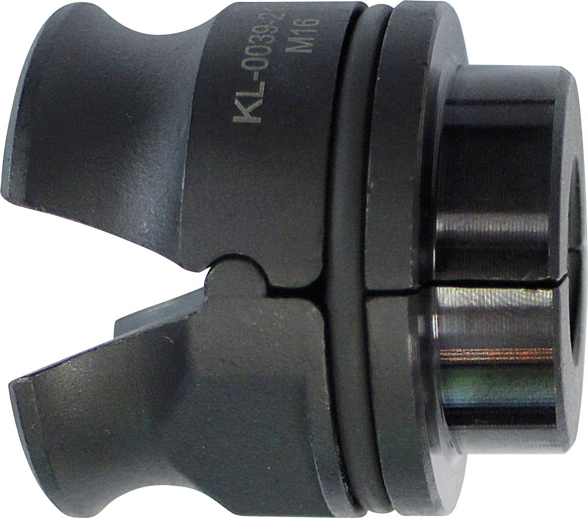 Ein schwarzer mechanischer Kuppler mit zwei hervorstehenden Zinken und sichtbarem graviertem Text, möglicherweise zur Verwendung in Industriemaschinen eingesetzt.