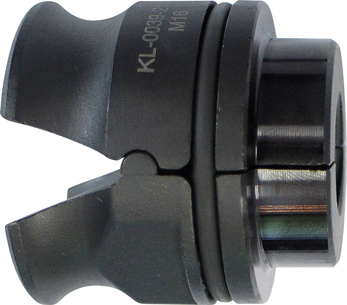 Eine grau metallische mechanische Komponente, möglicherweise eine Kupplung oder ein Stecker, mit zwei Flanschenden und einem zentralen Gewindebereich mit der Bezeichnung 