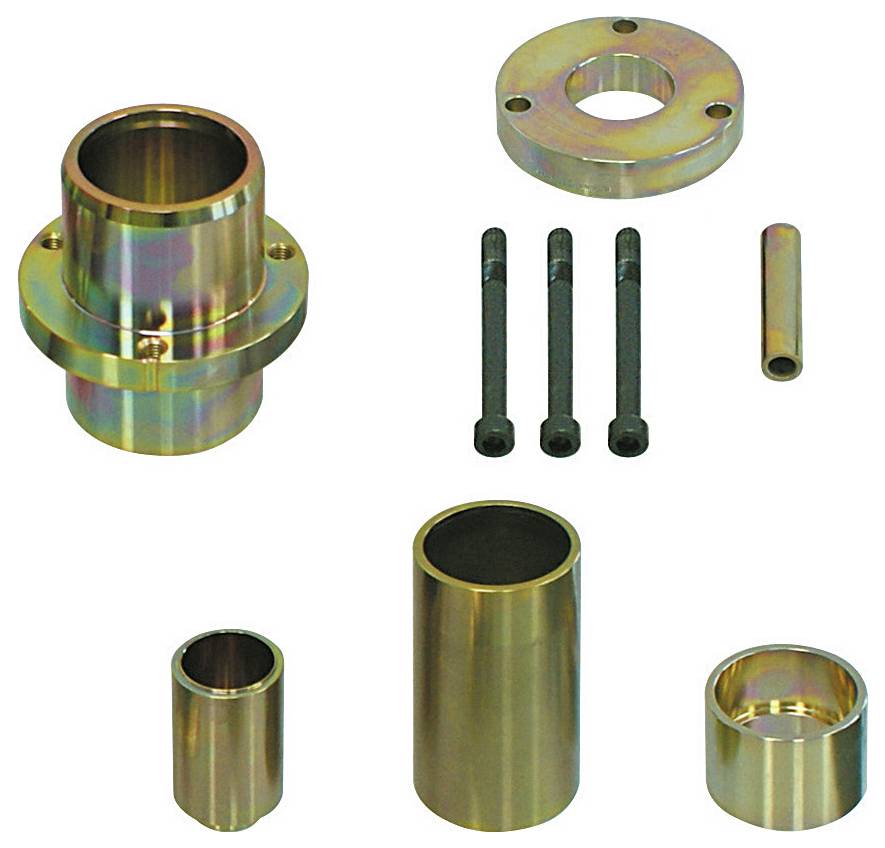 Sortierte Metallhardware-Komponenten einschließlich Buchsen, Abstützscheiben, Flansch und Bolzen, separat auf neutralem Hintergrund angeordnet.