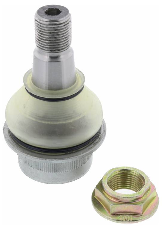 Ein Kugelgelenk aus Metall und eine daneben positionierte sechskant-Mutter.