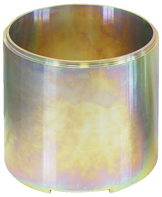 Ein zylindrischer Metallbecher mit einem schillerndem, mehrfarbigem Finish, das Töne von Gold, Rosa und Grün aufweist.