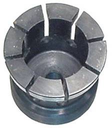 Ein zylindrisches Metallobjekt mit einer U-förmigen Aussparung an der oberen Kante, das einer Buchse ähnelt, die für mechanische oder industrielle Zwecke verwendet wird.