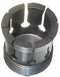 Nahaufnahme einer schwarzen zylindrischen mechanischen Komponente mit ausgeschnittenen Abschnitten, wahrscheinlich Teil einer größeren Maschine oder eines Geräts.