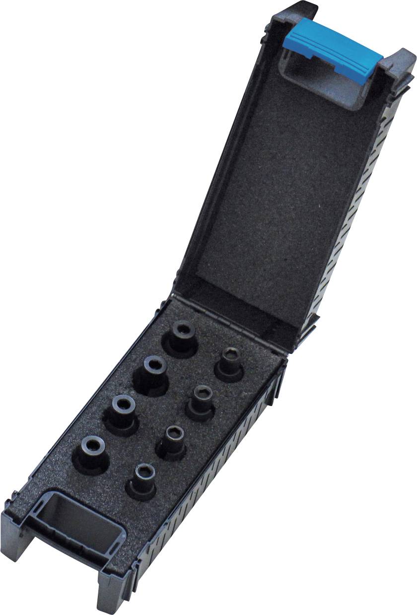 Eine offene schwarze Schachtel mit acht schwarzen kleinen zylindrischen Objekten, angeordnet in zwei Reihen, vor einem weißen Hintergrund.