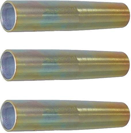 Drei übereinander gestapelte metallische zylindrische Hülsen mit einem Farbverlauf von Goldmetallic zu Blau.