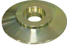 Eine zylindrische Metallscheibe mit einer glatten, reflektierenden Oberfläche, die ein zentrales Loch aufweist. Die Oberfläche zeigt einen subtilen Regenbogenschimmer.