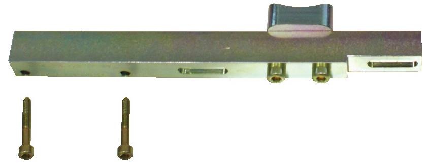 Ein Schiebekonstruktion mit einem Knauf, zusammen mit zwei Schrauben, möglicherweise für Montage- oder Befestigungszwecke.