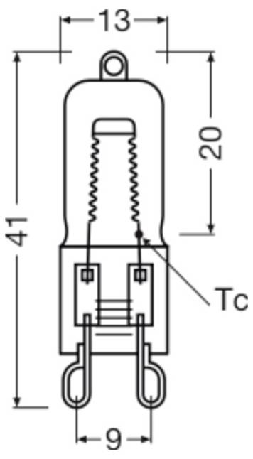 Abbildung einer Glühbirne mit Abmessungen: Höhe 41 mm, Durchmesser 13 mm oben und 9 mm unten. Innere Komponenten mit Tc gekennzeichnet.