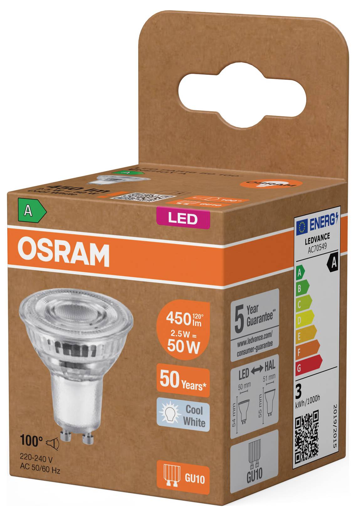 OSRAM LED-Glühbirne, Verpackung mit der Kennzeichnung 450 lm, 2,5 W, 50 W Entsprechung, Kaltweiß, GU10, 5 Jahre Garantie, Energieklasse A.