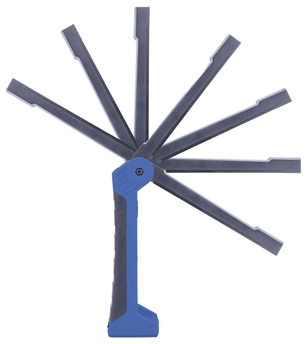 Ein blaues und schwarzes verstellbares Handwerkzeug mit mehreren abgewinkelten Positionen für vielseitige Verwendung, das seinen Schwenkmechanismus veranschaulicht.