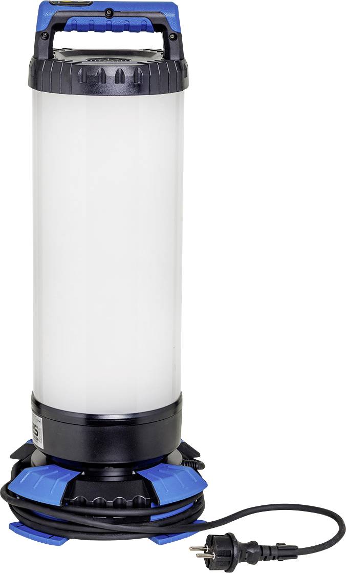 Eine tragbare LED-Arbeitsleuchte in Zylinderform mit blauem Griff und Fuß, ausgestattet mit einem Anschlussleuchten-Stromkabel, entwickelt für den Einsatz auf Baustellen oder in Werkstätten.