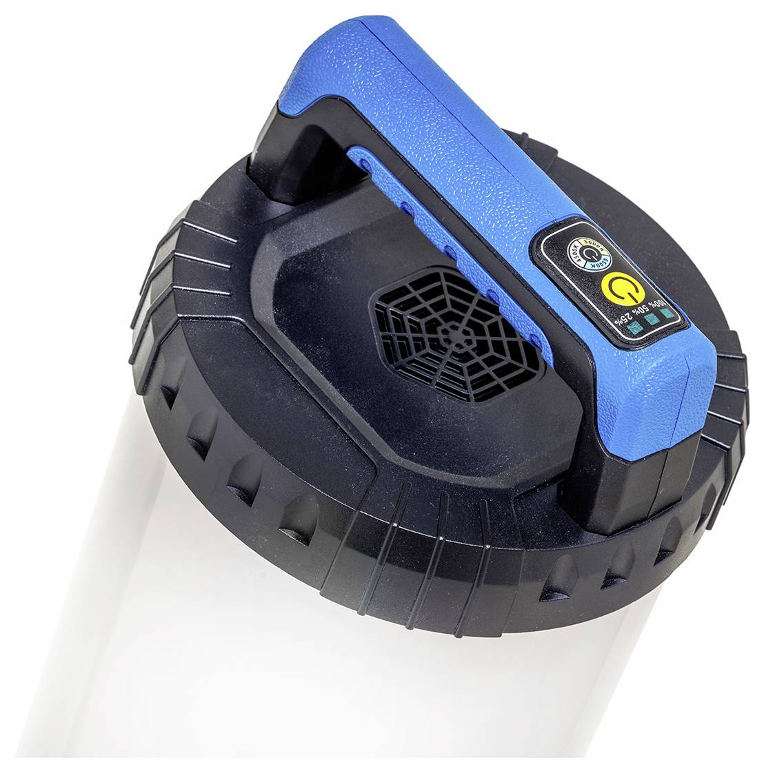 Eine Nahaufnahme eines zylindrischen Reinigungswerkzeugs mit blauem und schwarzem Griff und elektronischen Kontrollfunktionen oben.