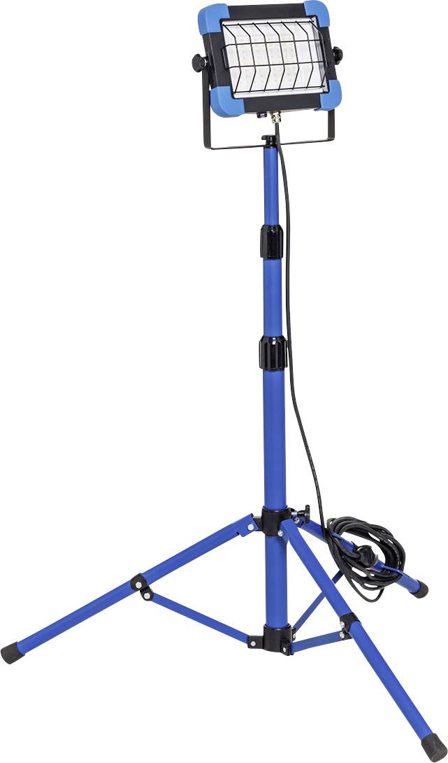 Ein blaues LED-Arbeitslicht auf einem Stativständer mit verstellbarer Höhe, mit einem um die Basis gewickelten Stromkabel.